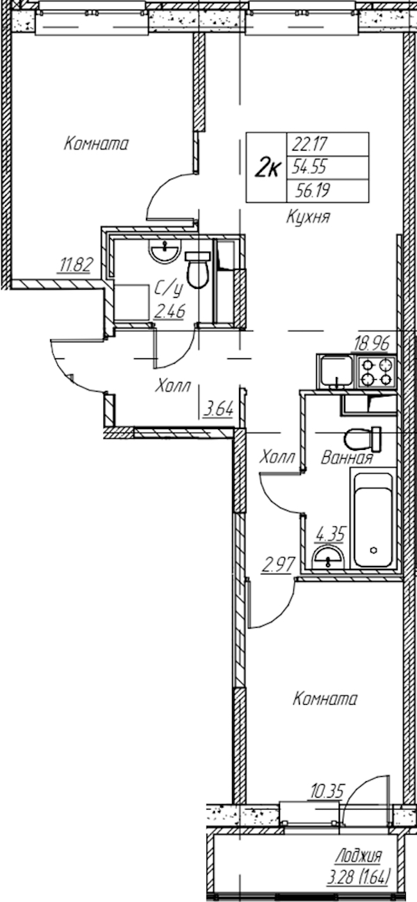 2-комнатная квартира 56.19 м², 2/22 эт., ЖК «Парк-квартал Юнтолово»